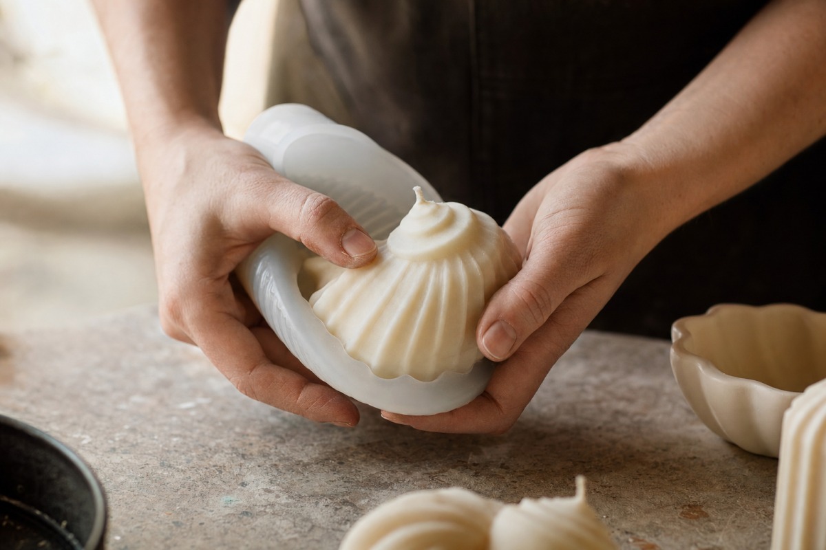 Handen halen voorzichtig een ruwe wasgieting uit een siliconenvorm in het atelier