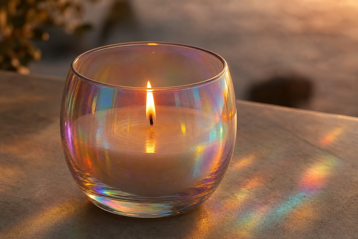 Een schone plantaardige kaars brandend in holografisch dichroïsch glas, dat het licht van de vlam breekt in regenboogweerkaatsingen.