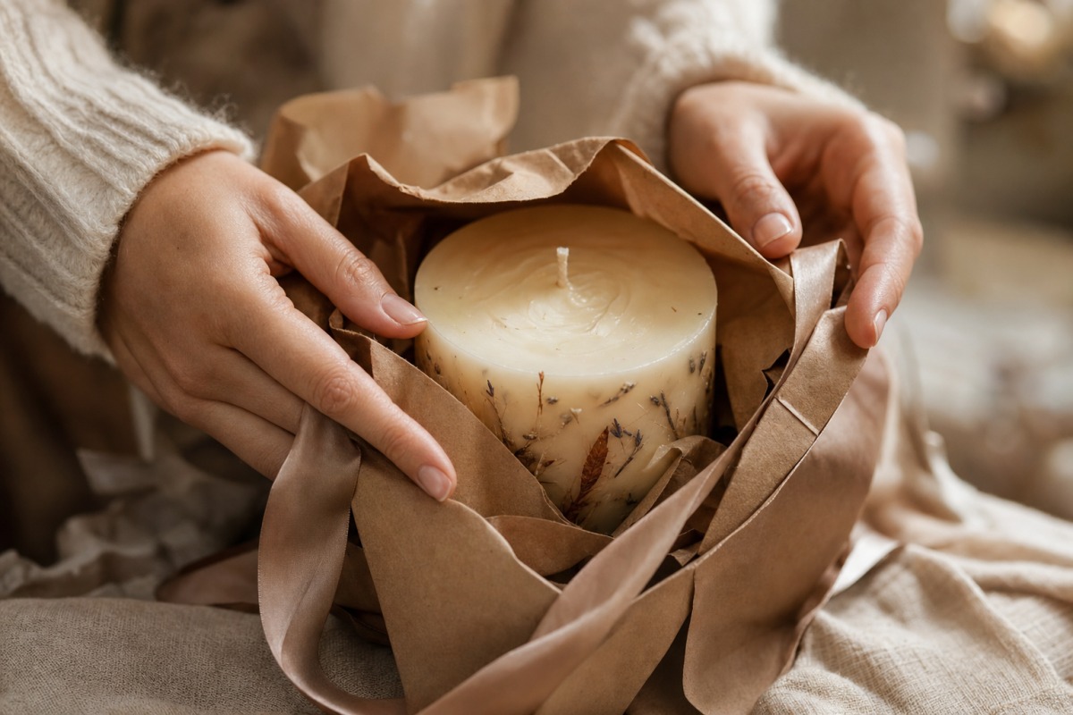 Detail van handen die een handgemaakte kaars uit cadeaupapier uitpakken
