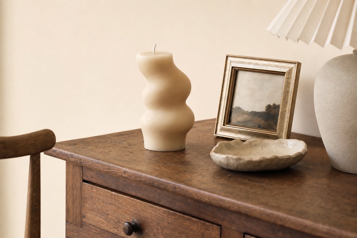Een onaangestoken handgemaakte kaars die als decoratie op een commode staat