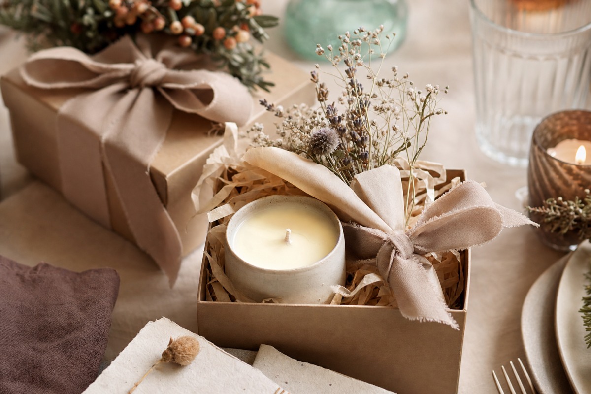 Een handgemaakte kaars klaargezet als cadeau op een feestelijk gedekte tafel
