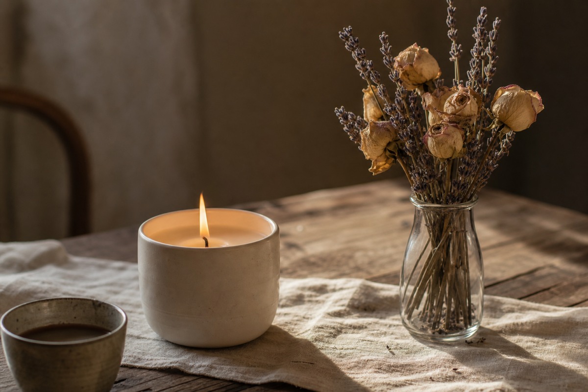 Links een schoon brandende kaars in een keramisch potje en, apart, rechts een glazen vaas met gedroogde rozen en lavendel